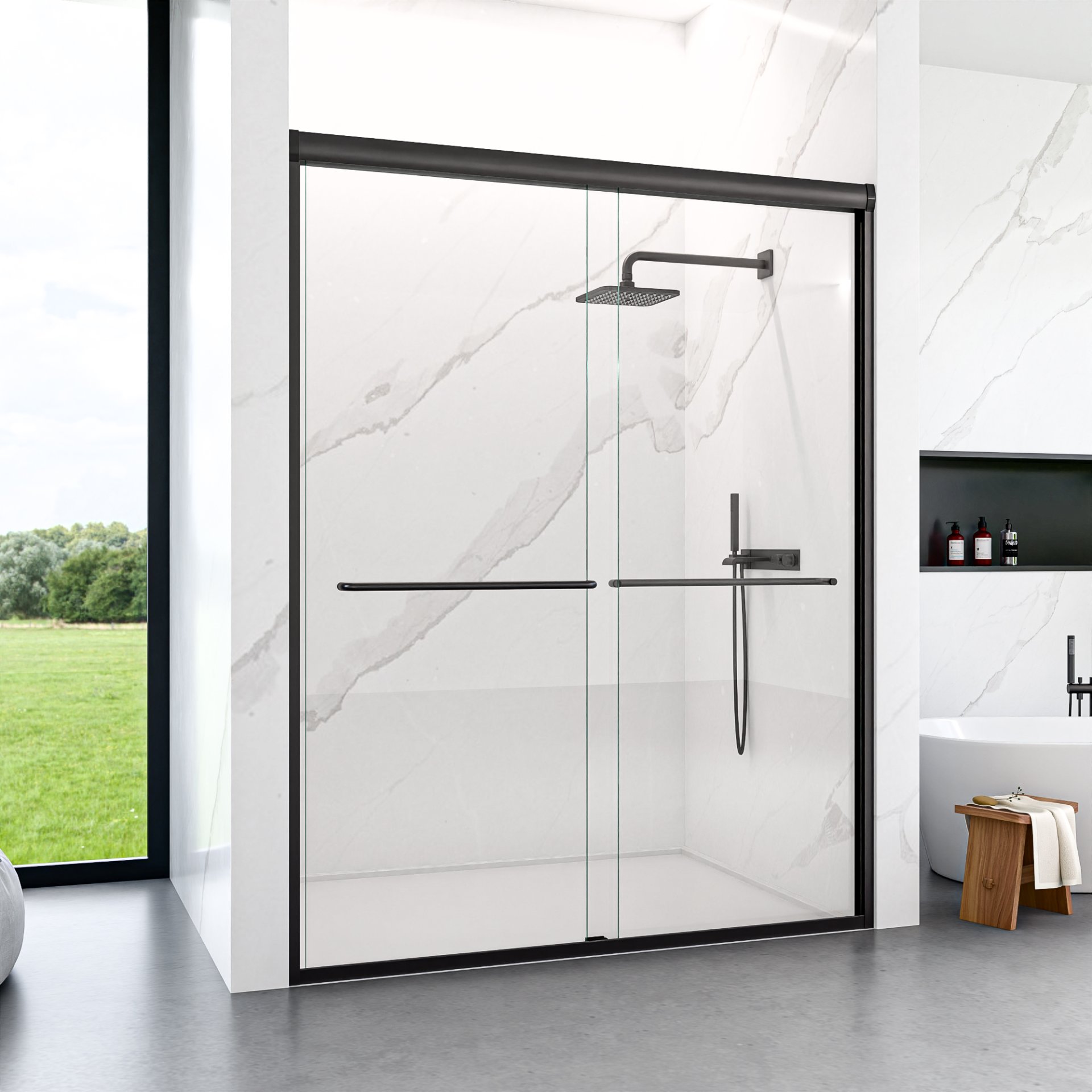 Modern Semi Frameless Double Sliding Shower Door With 1 / 4" Sgcc Tempered Glass - Matte Black - Image 4
