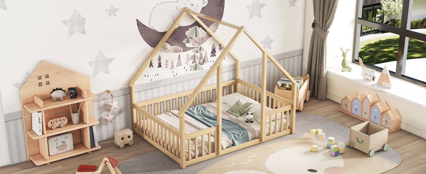 Full Wood House-Shaped Floor Bed With Fence, Guardrails - Natural - Image 12