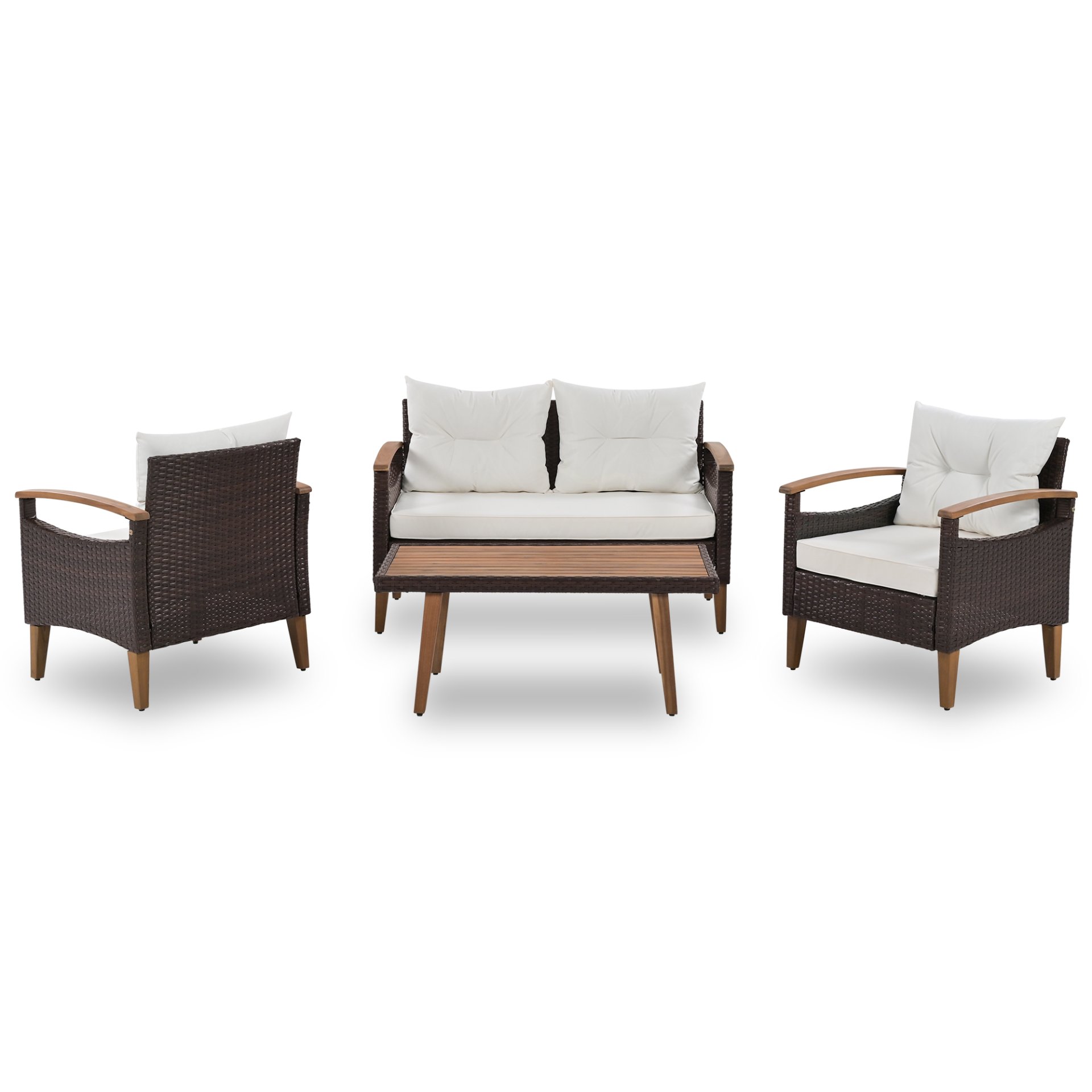 4 Piece Garden Furniture, Patio Seating Set, Outdoor Sofa Set, Wood Table And Legs - Brown / Beige - Image 5
