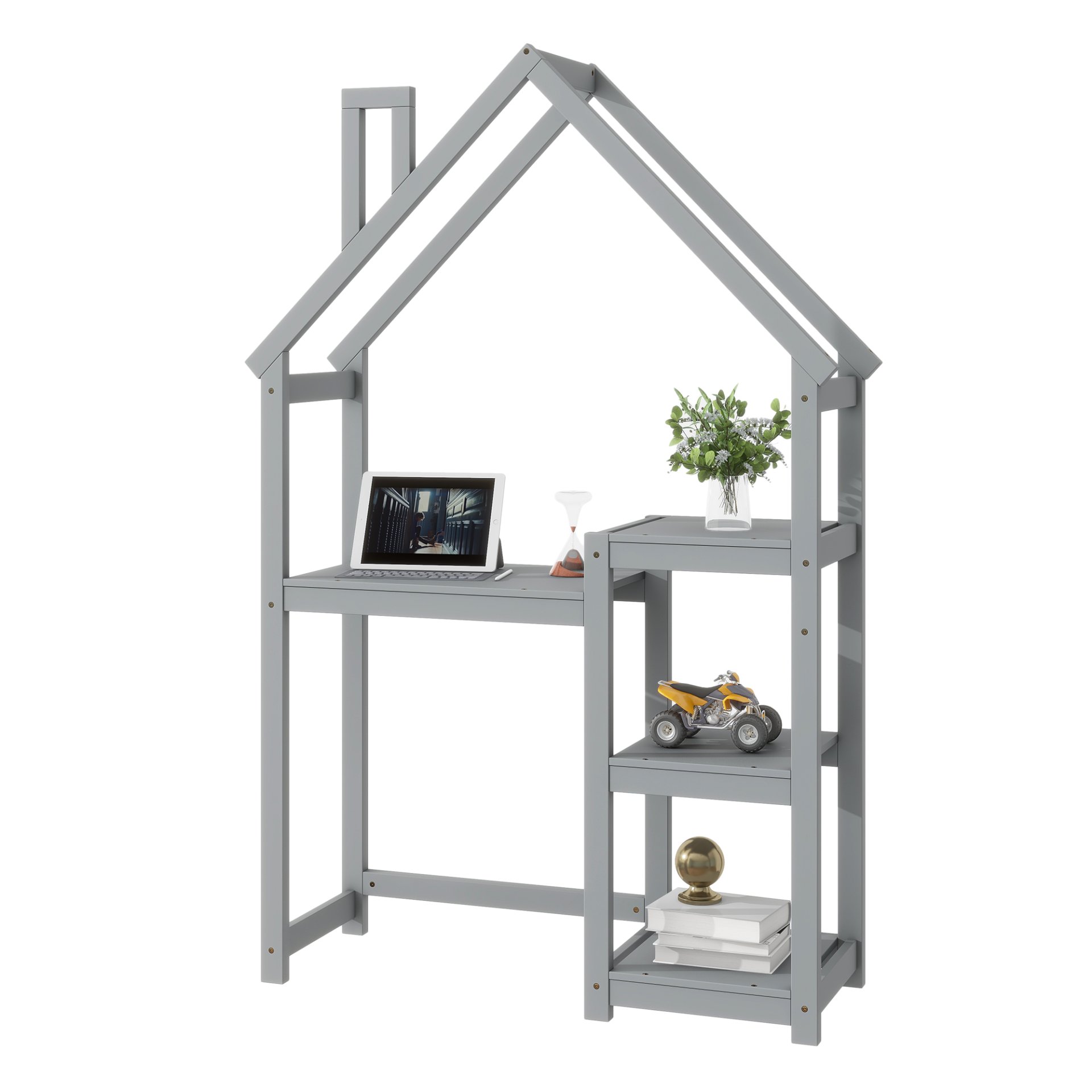 House-Shaped Wooden Writing Desk, Kids Study Table, Bookshelf & Toy Storage - Gray - Image 8