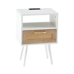 15.75" Rattan End Table With Power Outlet & USB Ports, Modern Nightstand With Drawer And Solid Wood Legs, Side Table For Living Room, Bedroom - White