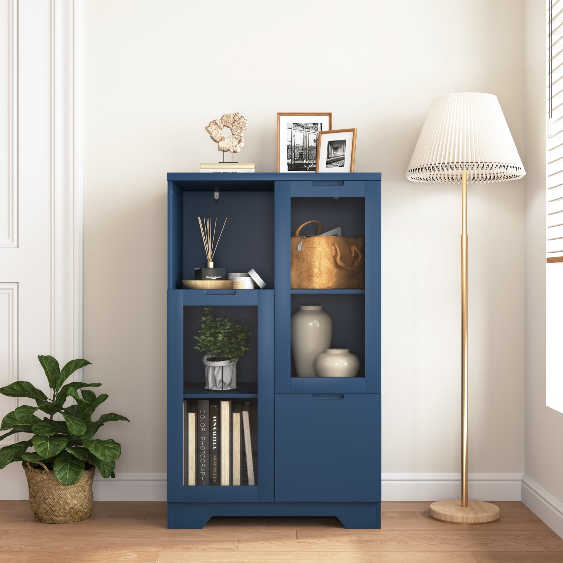 Painted Cabinet With Glass Doors, Drawer, And Open Storage Space For Bedroom And Living Room - Navy Blue - Image 4