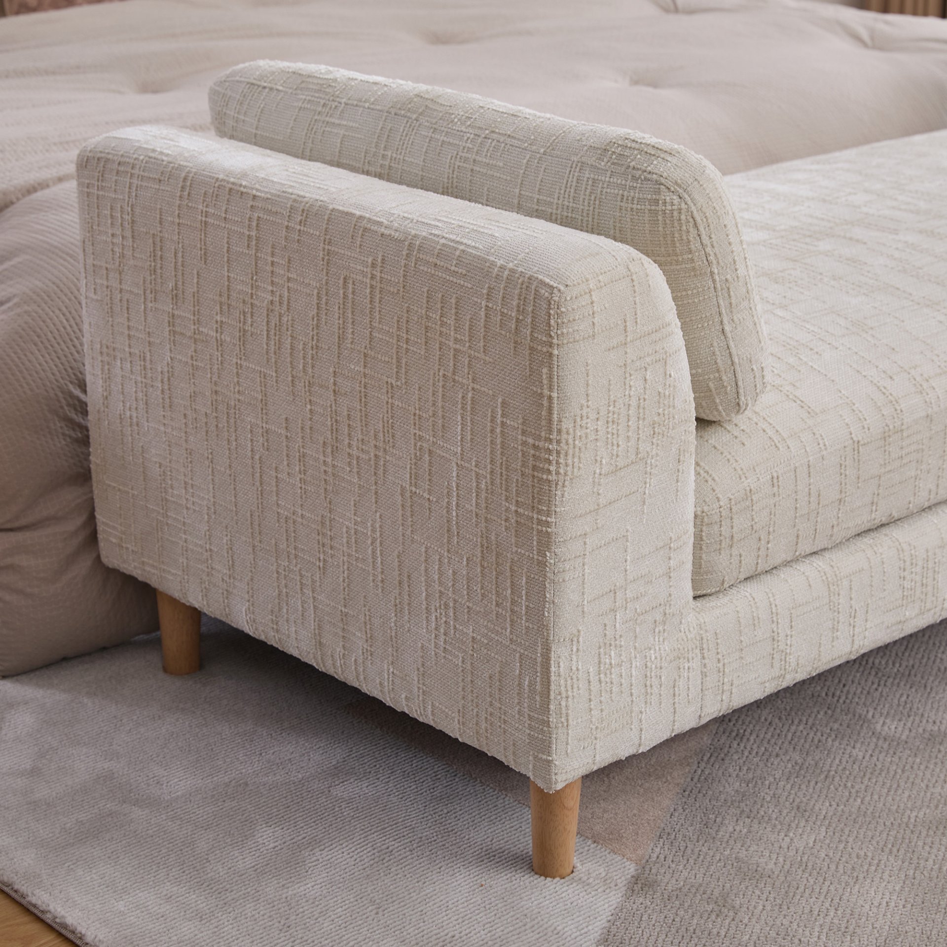 Modern Upholstered End Of Bed Bench With Armrests, Chenille Chaise Lounge Couch With Bolster Pillows, Rubberwood Legs - Beige - Image 7