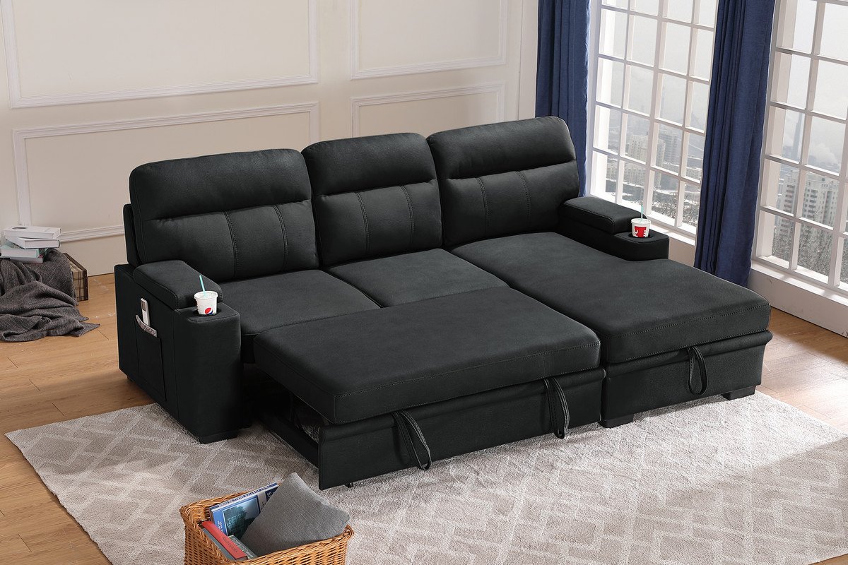 Kaden - Sleeper Sectional Sofa Chaise With Storage Arms And Cupholder - Black - Image 3