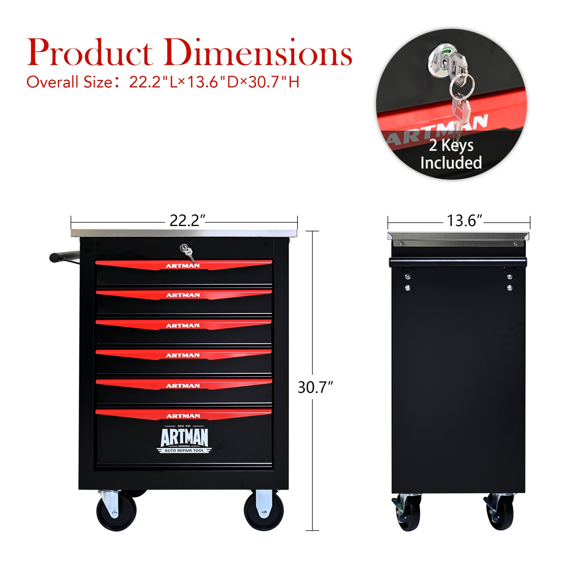 6 Drawer Multifunctional Tool Cart With Wheels, Metal Rolling Tool Cart Storage For Garage Workshop Warehouse Repair Shop With Stainless Steel Roof - Black / Red - Image 3