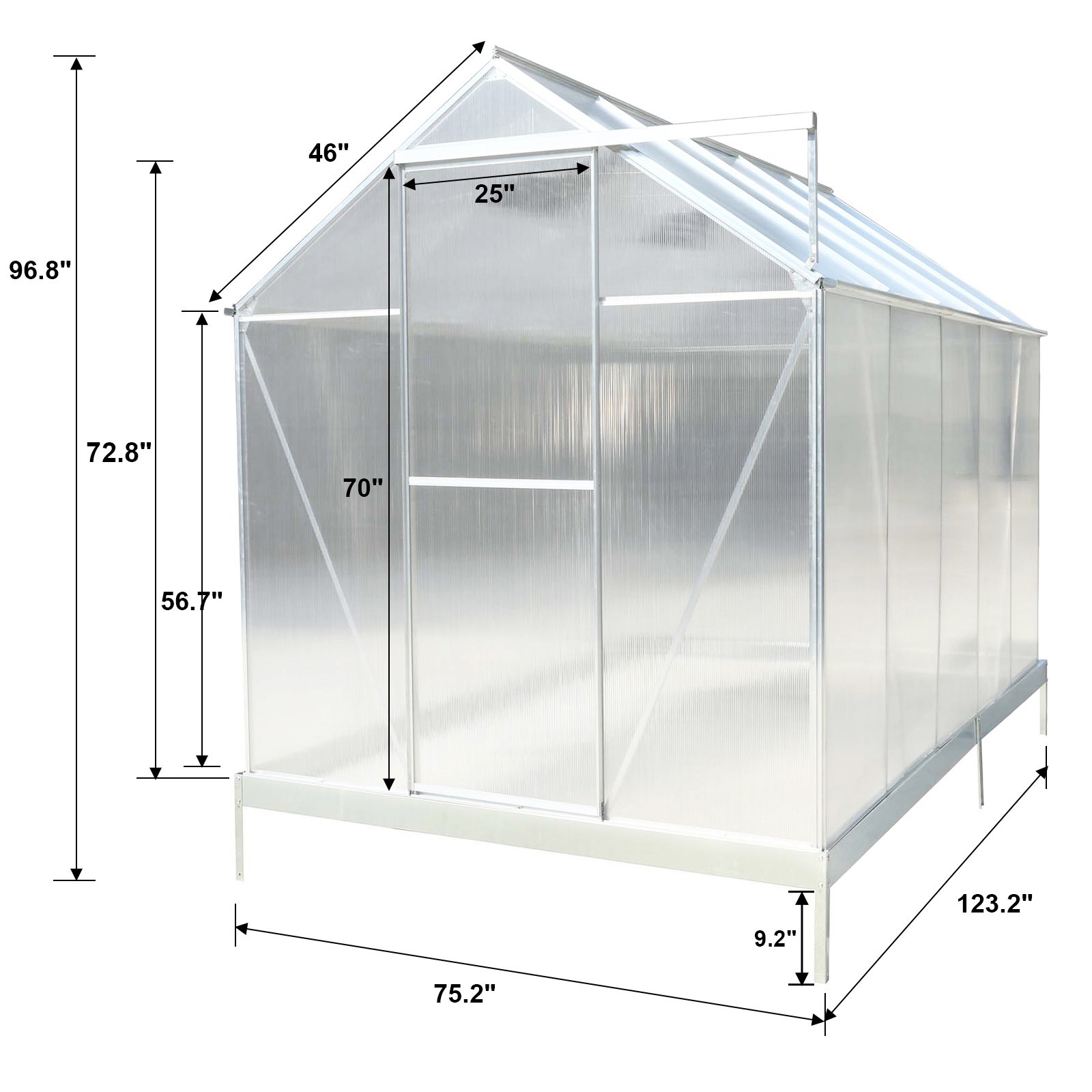 6.3'x10.2'x7' Polycarbonate Greenhouse, Heavy Duty Outdoor Aluminum Walk-In Green House Kit With Rain Gutter, Vent And Door For Backyard Garden - Aluminium - Image 22