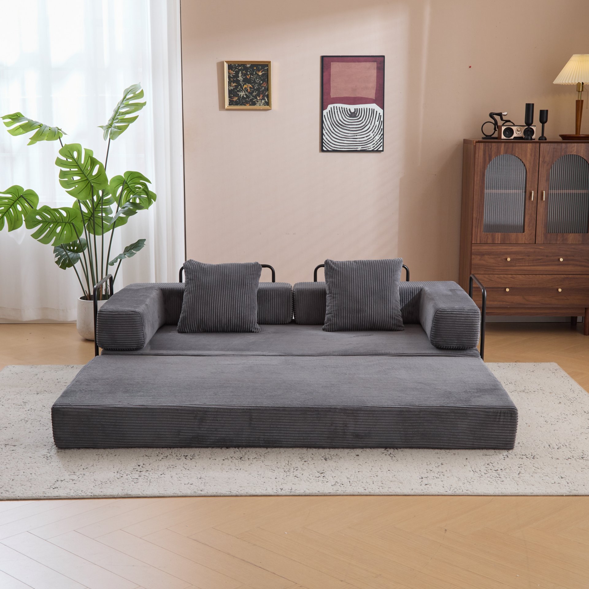 Floor Couch, Compression Sofa, Convertible Floor Sofa Bed With Pillow Back Support Armrest - Dark Gray - Image 13
