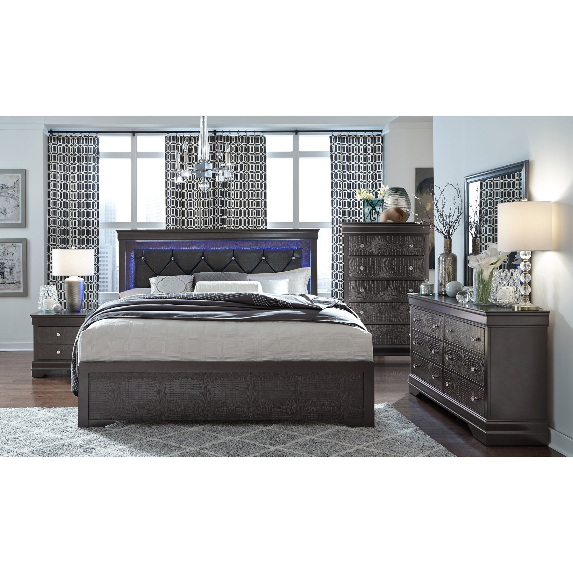 Shaker - King 5 Pieces Bedroom Set With Tufted Headboard And LED Lighting - Gray - Image 2