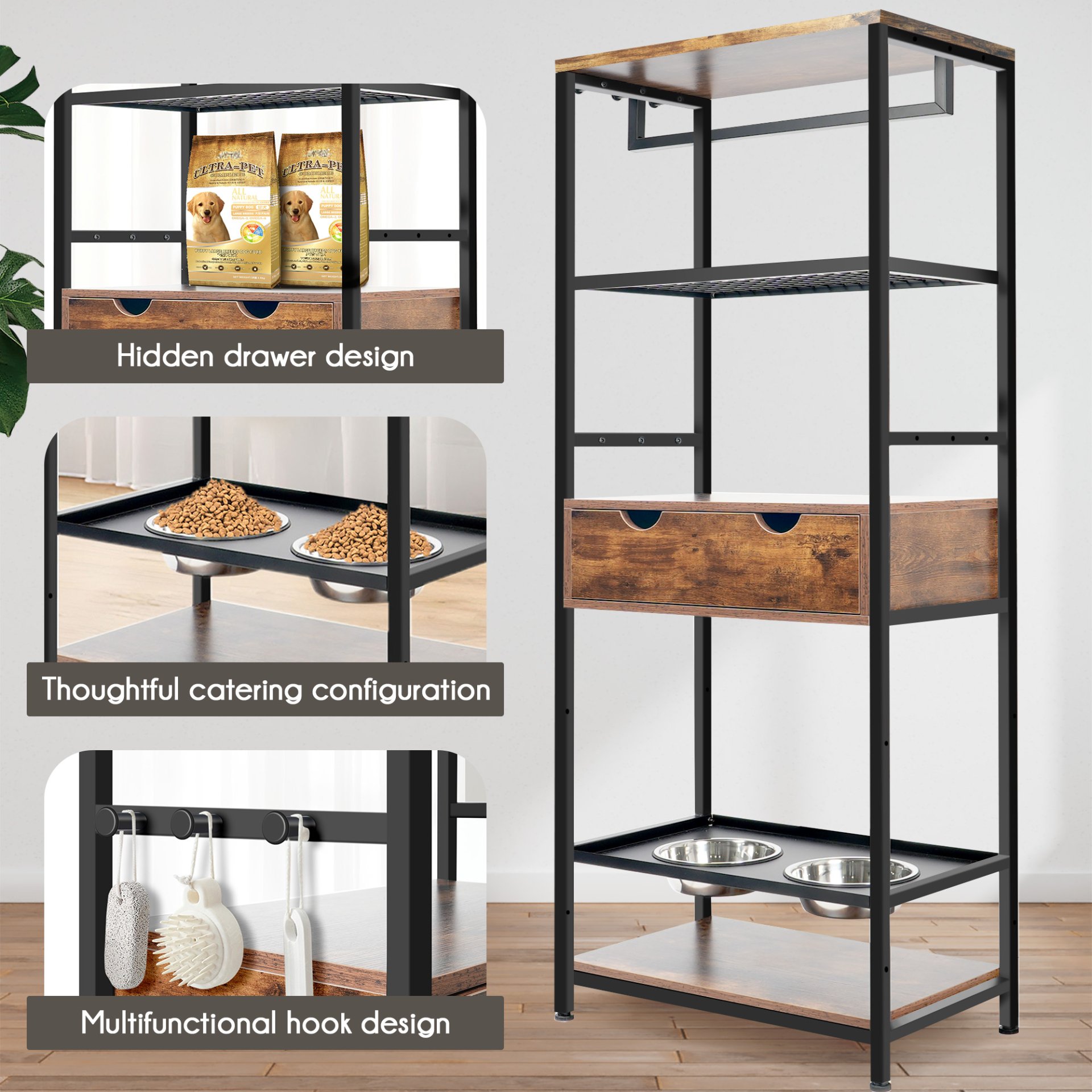 Dog Feeding Station, 3 Height Adjustable Raised Dog Bowls, Dog Feeder Station For Large Medium Dogs Cats, Dog Storage With Shelves - Black / Dark Brown - Image 4