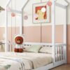 Full Roof-Framed Headboard Floor Bed With Headboard Guardrails - Without Slats White - Image 5