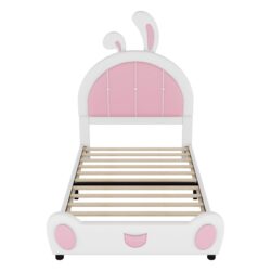 Twin Size Upholstered Platform Bed With Rabbit Shaped Headboard - White / Pink