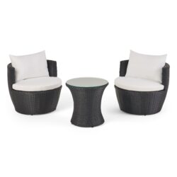 Kono - Outdoor 3 Pieces Chat Set With Cushions And Tempered Glass Tabletop - Black / Ivory