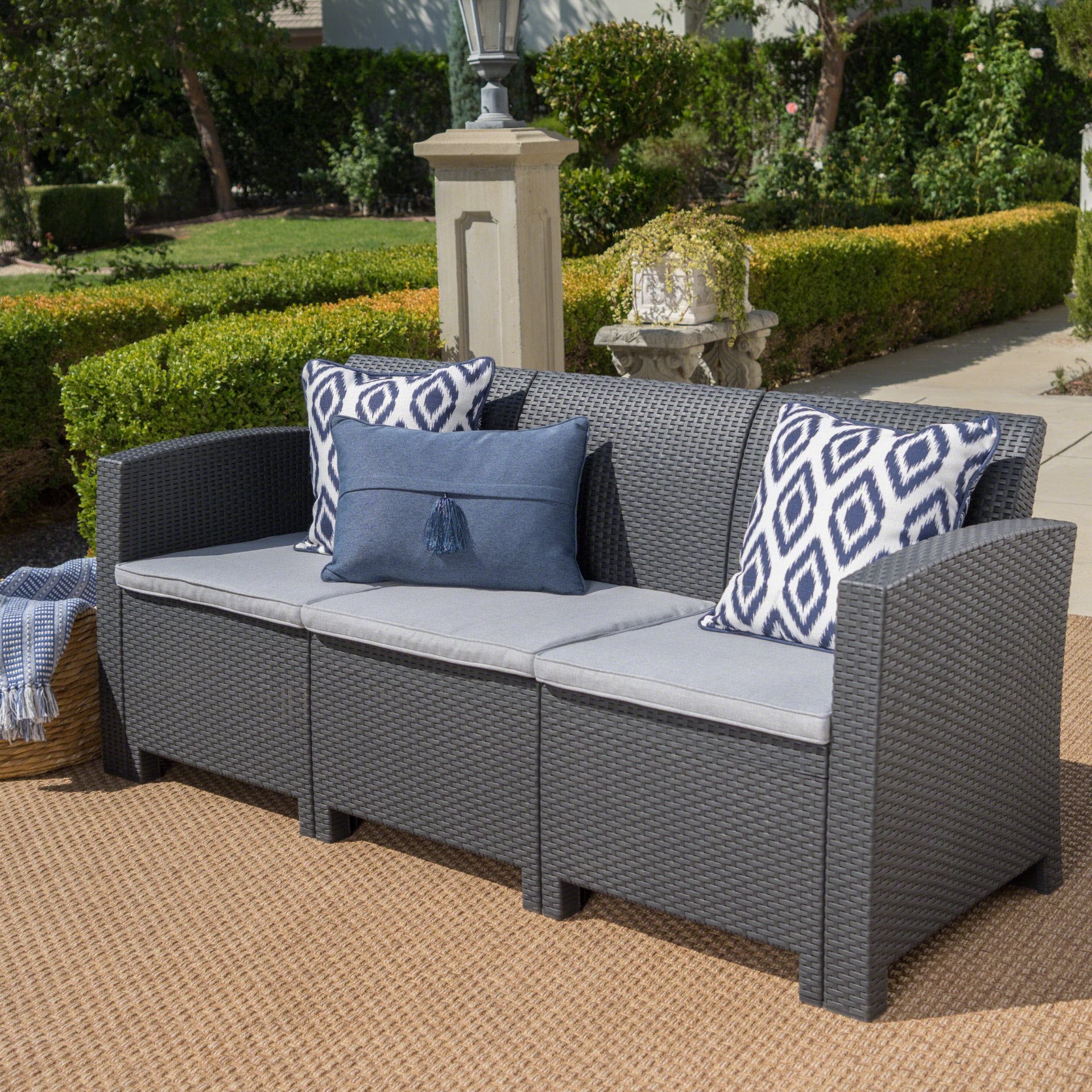 Outdoor 3 Seater Rattan Sofa With Water Resistant Cushions - Gray - Image 2