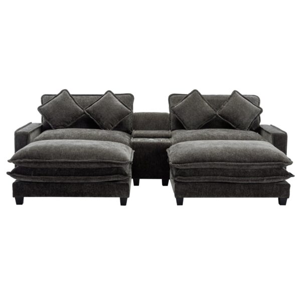 Modern Chenille Upholstered Sectional Sofa With Ottomans, USB Ports, Cup Holders, And Storage - Gray