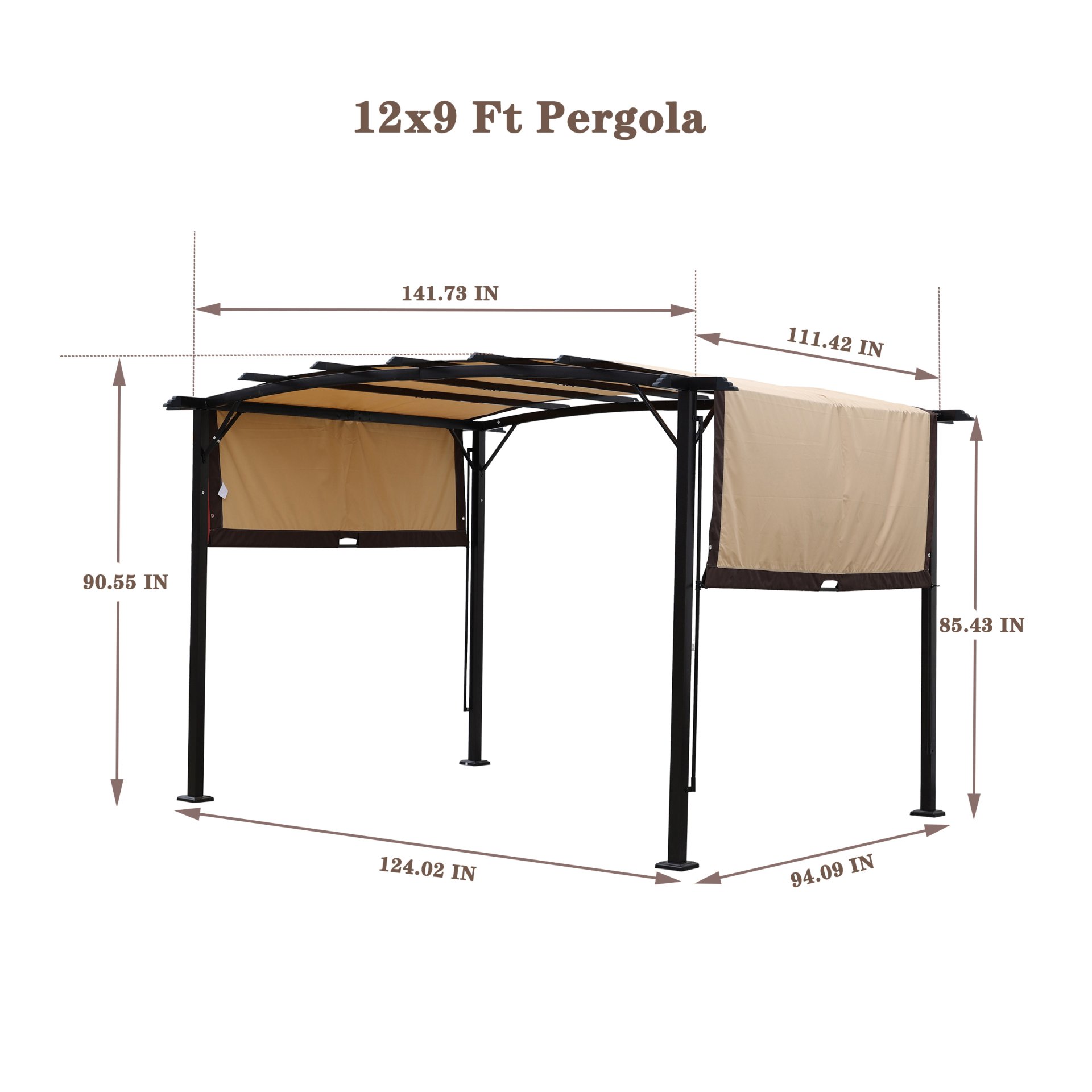 12 X 9 Ft Outdoor Patio Pergola Gazebo Steel Frame Sun Shelter With Retractable Canopy & - Beige / Brown - Image 7