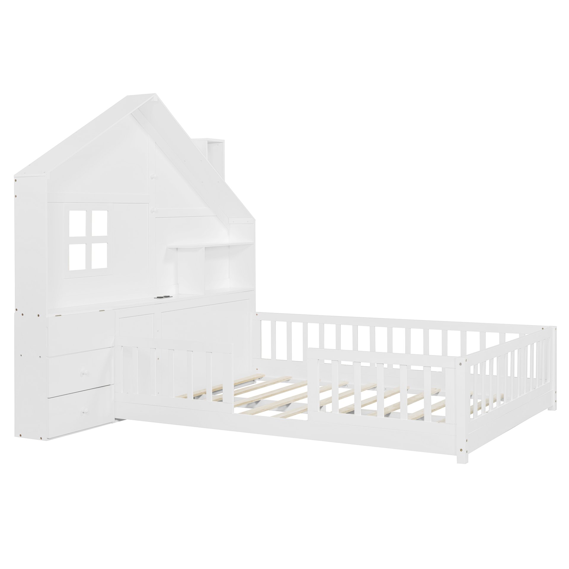 Full Size House Bed With Window And Bedside Drawers, Platform Bed With Shelves And A Set Of Sockets And USB Port - White - Image 7