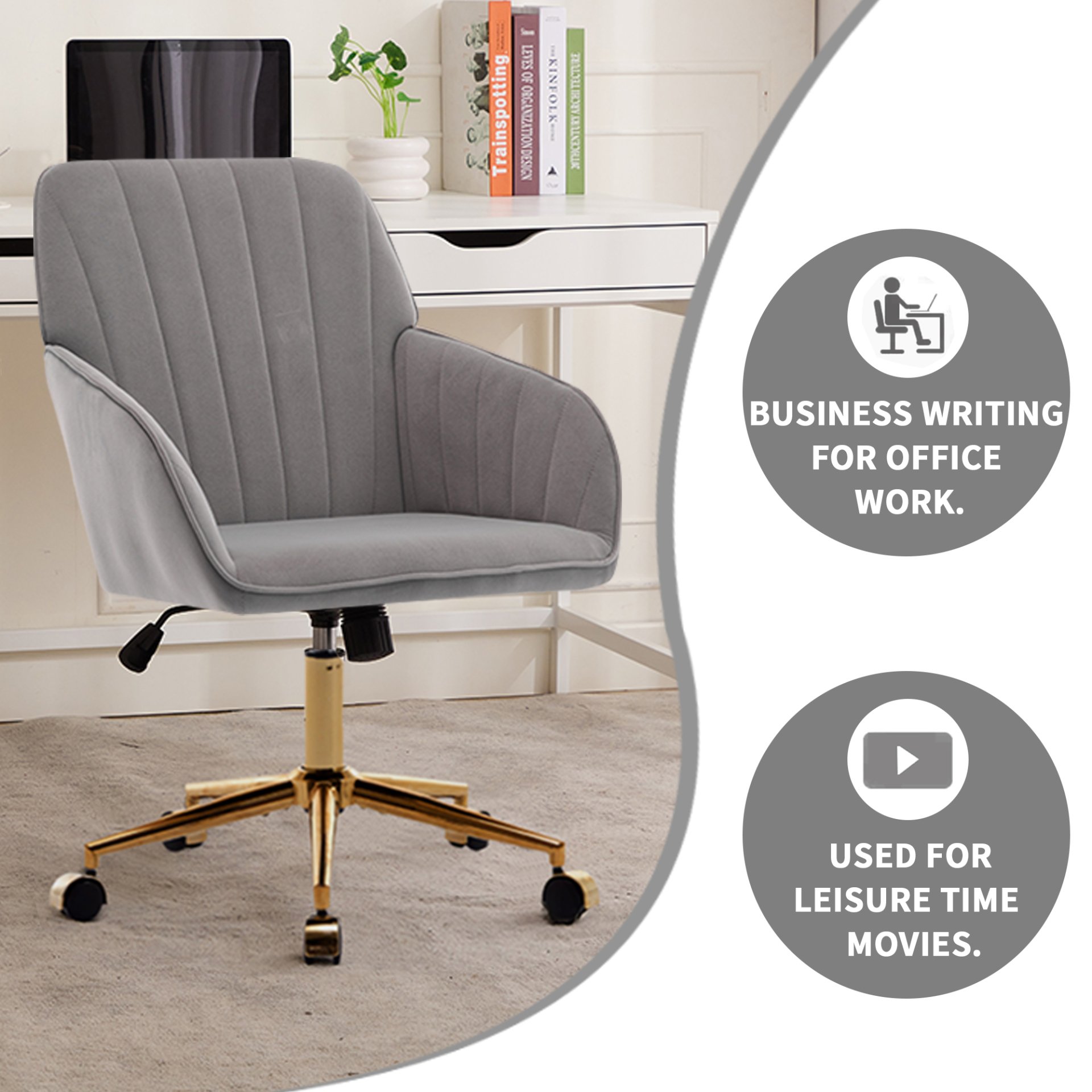 Adjustable Office Chair, Ergonomic Swivel Chair Velvet, Comfortable For Long Sitting - Gray - Image 3
