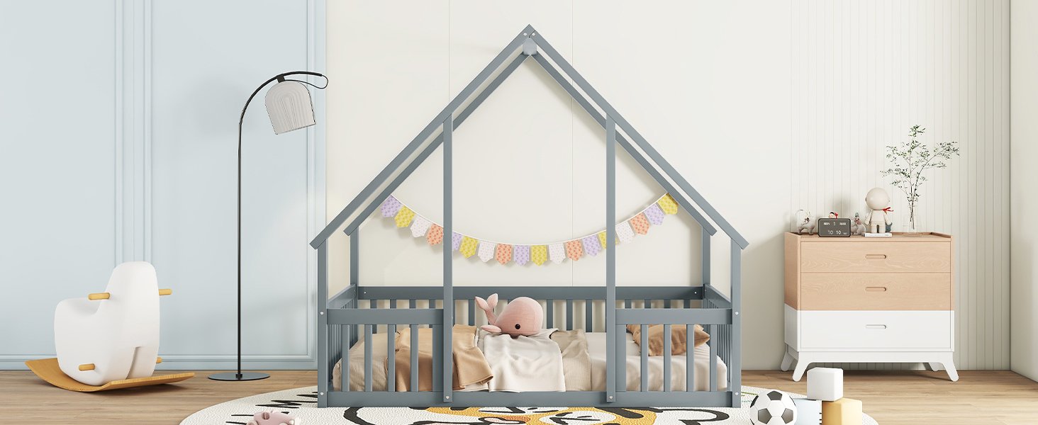 Full Wood House-Shaped Floor Bed With Fence, Guardrails - Gray - Image 12