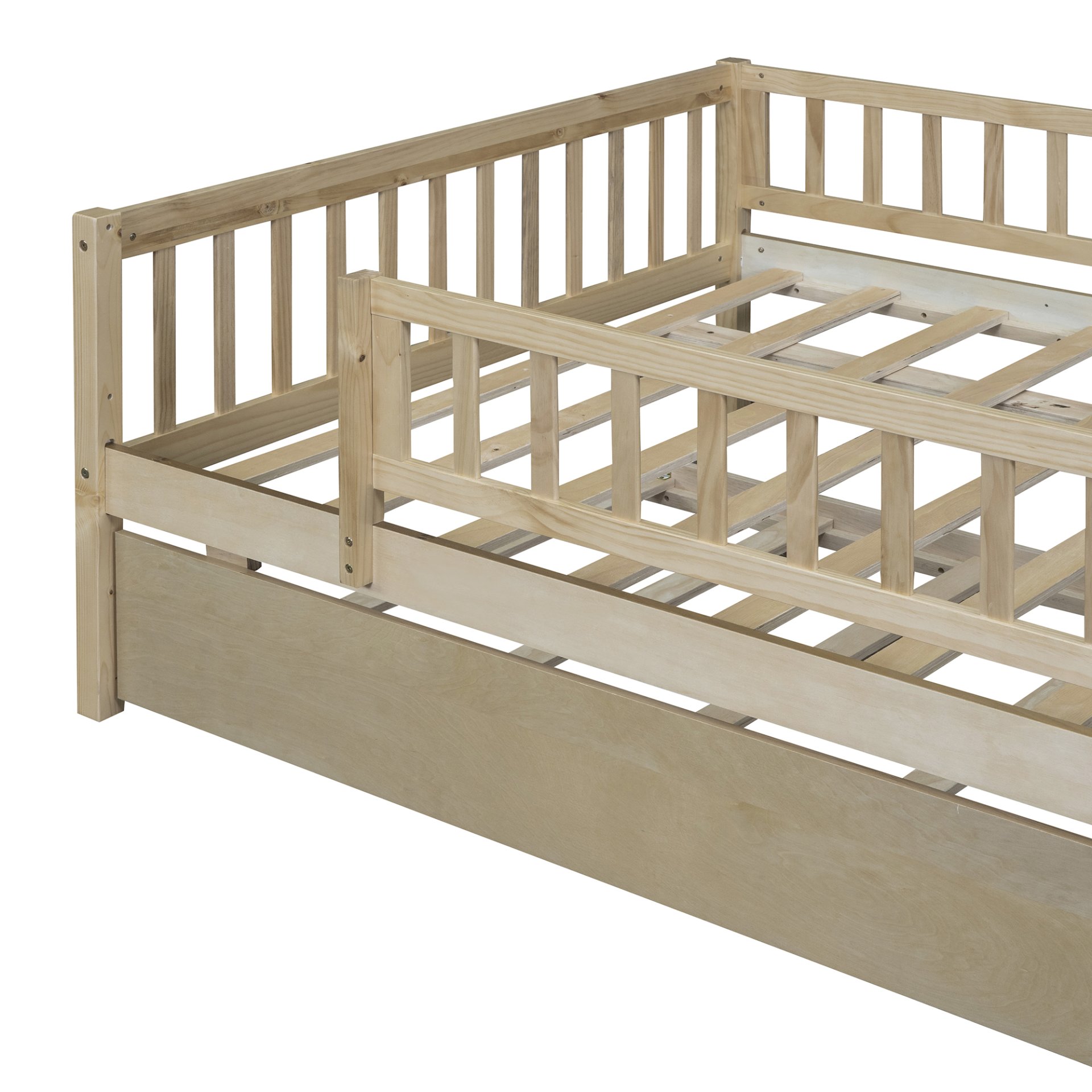 Full Size Daybed With Trundle And Fence Guardrails - Natural - Image 11