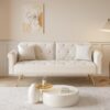 Luxurious Velvet Sofa Bed With Nail Head Trim And Matching Pillow - Beige - Image 2