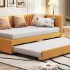 Upholstered Daybed With Trundle Twin Size Sofa Bed Frame No Box Spring Needed, Linen - Yellow - Image 16
