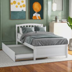 Twin Size Platform Bed Frame With Trundle - White