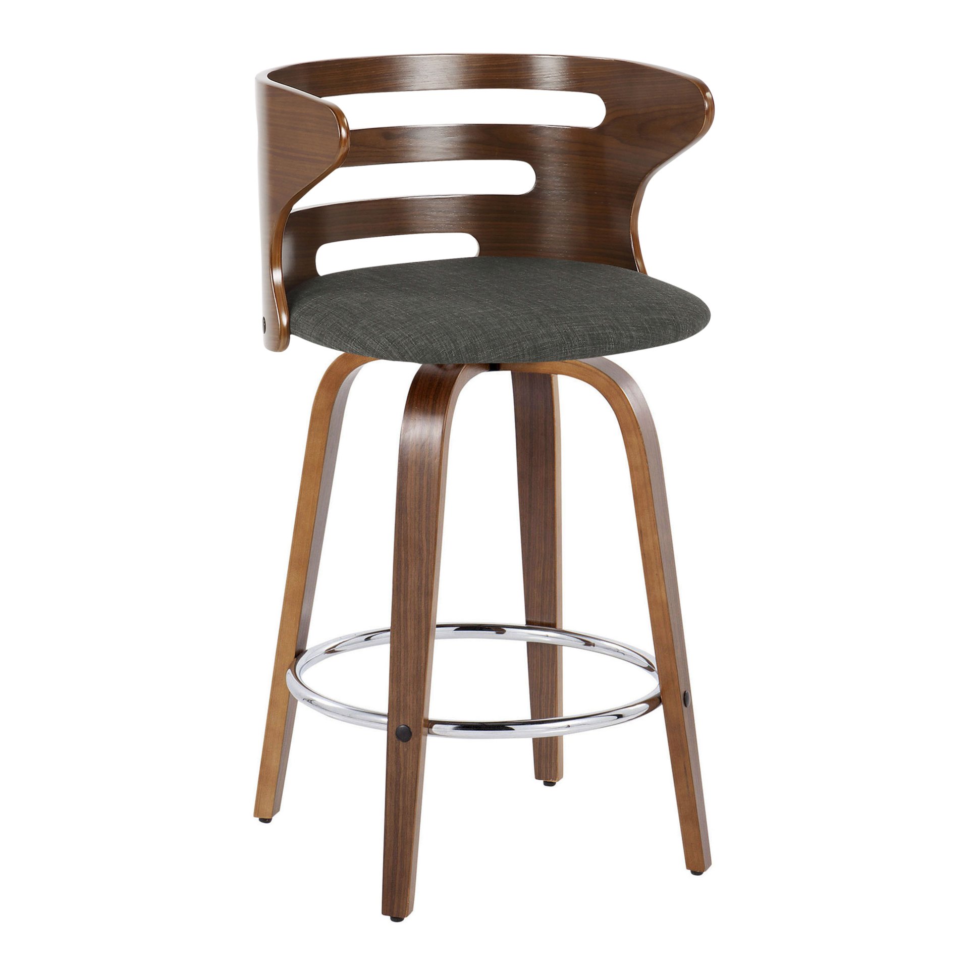 Cosini - Mid-Century Modern Fixed Height Barstool With Swivel With Round Footrest (Set of 2) - Walnut / Charcoal - Image 2