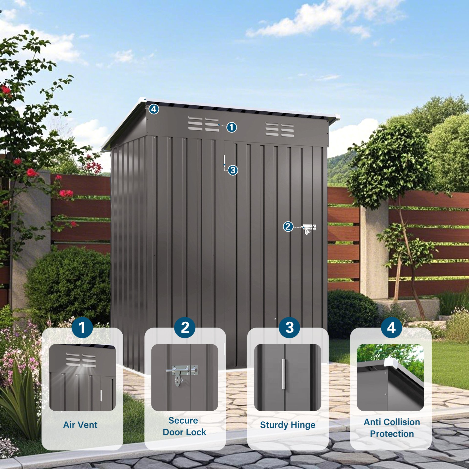 5 X 3 Ft Durable Metal Shed Outdoor Storage Shed With Pitched Roof And Lockable Door - Gray - Image 4