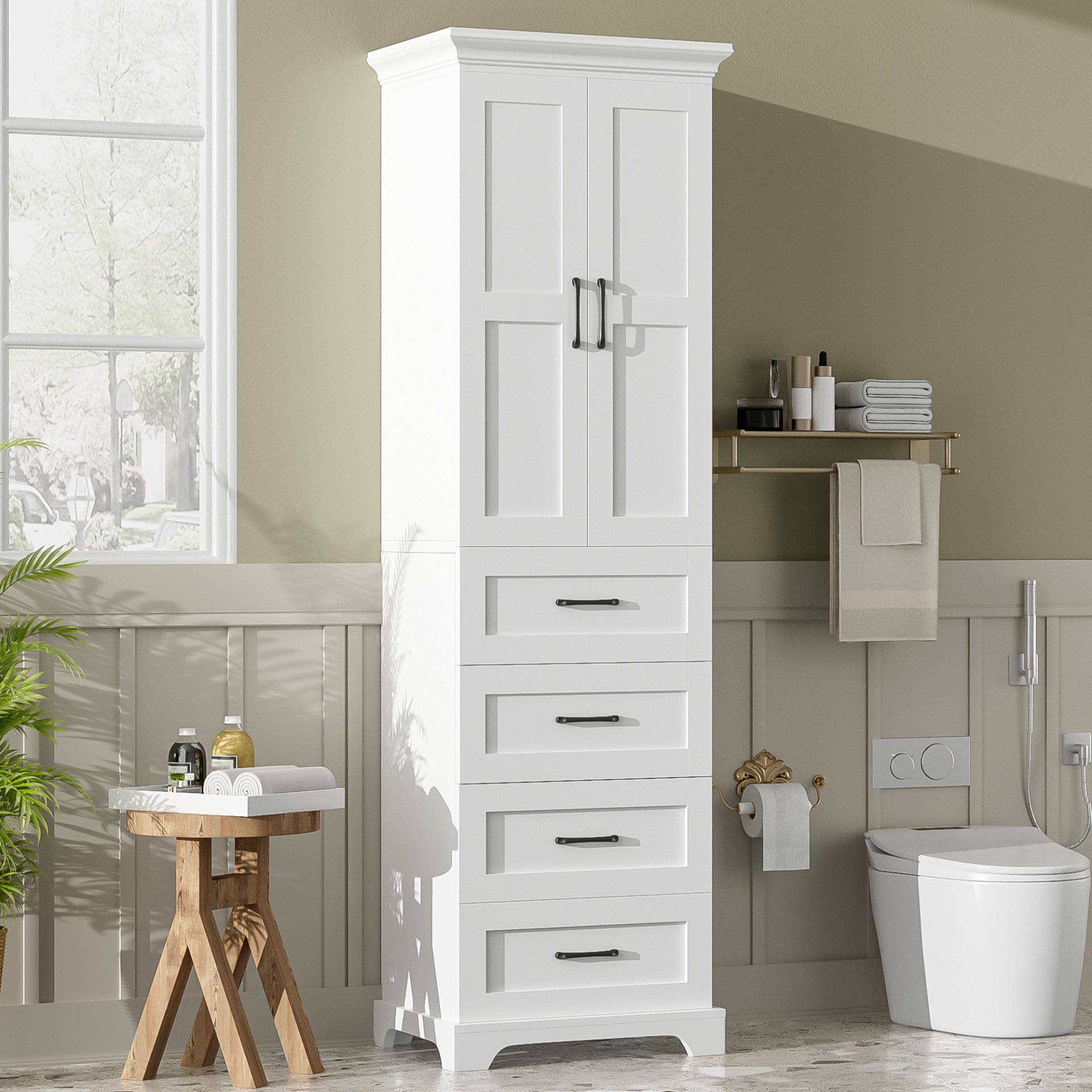 Bathroom Vanity With 2 Damping Hinge Doors, 3 Drawers, Adjustable Shelves - White - Image 4