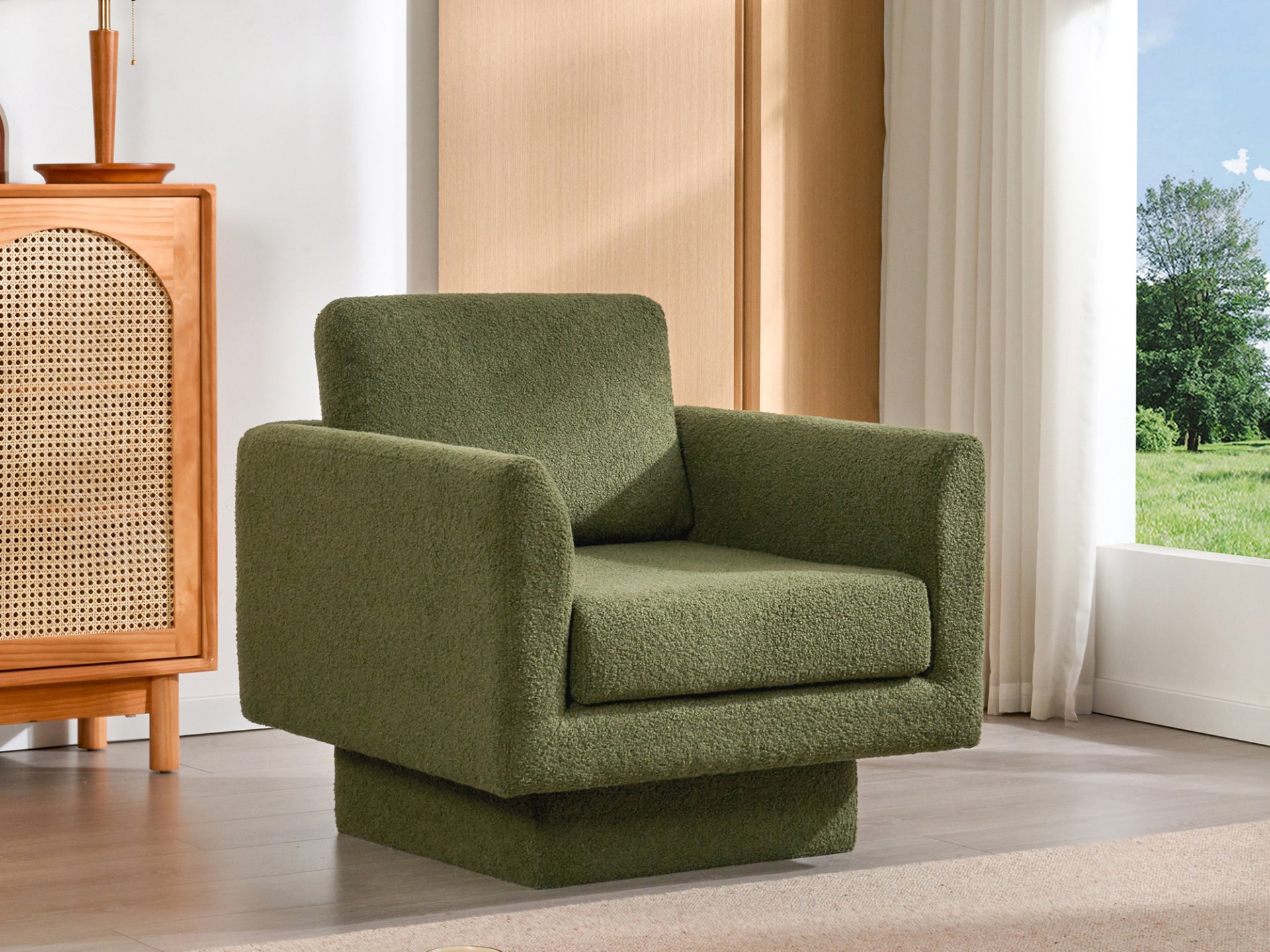 360° Modern Swivel Accent Chair Round Armchair, Thick Padded Single Lounge Sofa Upholstered Comfy - Green - Image 19