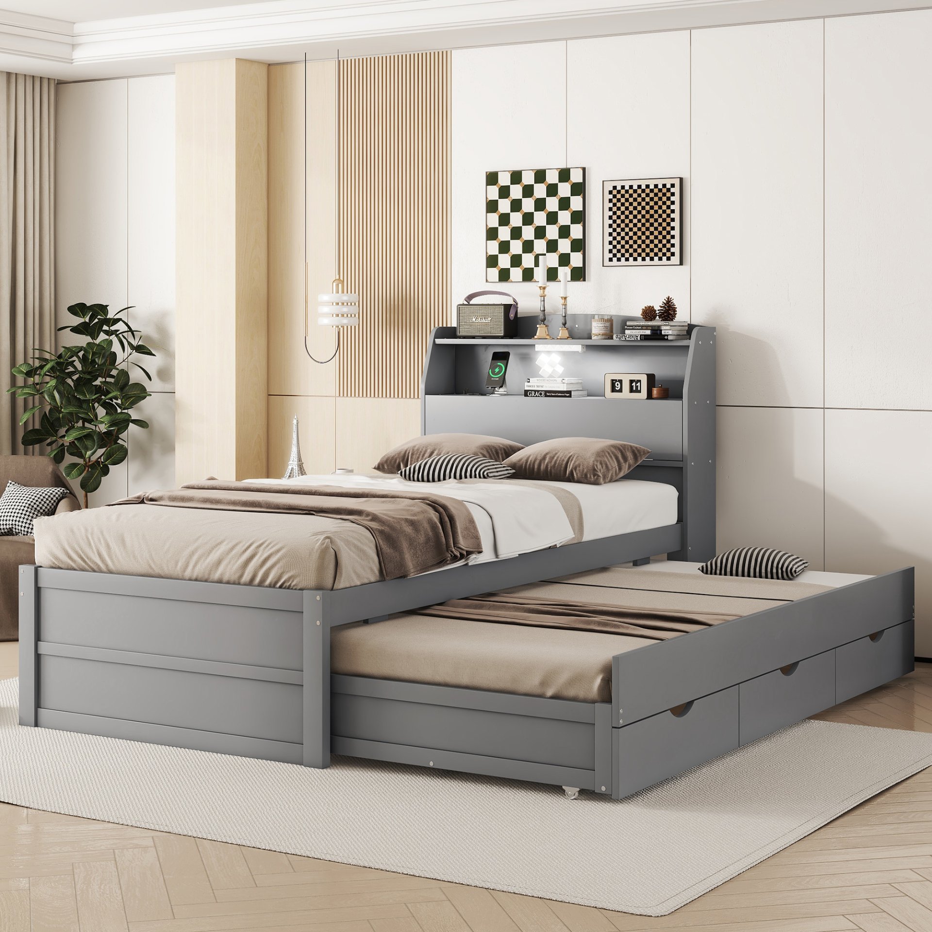 Twin Size LED Platform Bed With Trundle With Storage Headboard With Drawers - Gray - Image 2