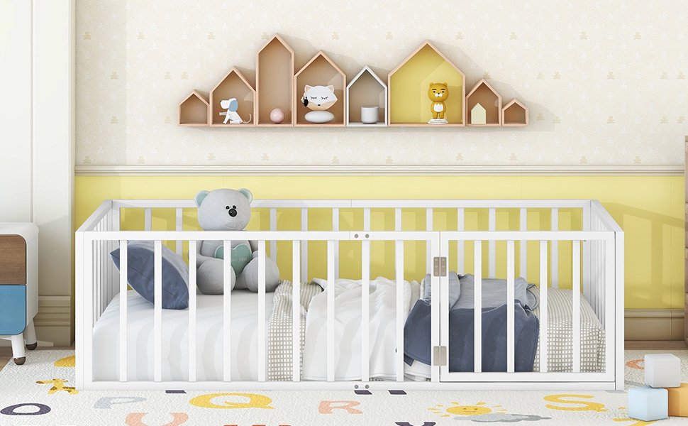 Twin Size Floor Bed Frame With Fence And Door - White - Image 14