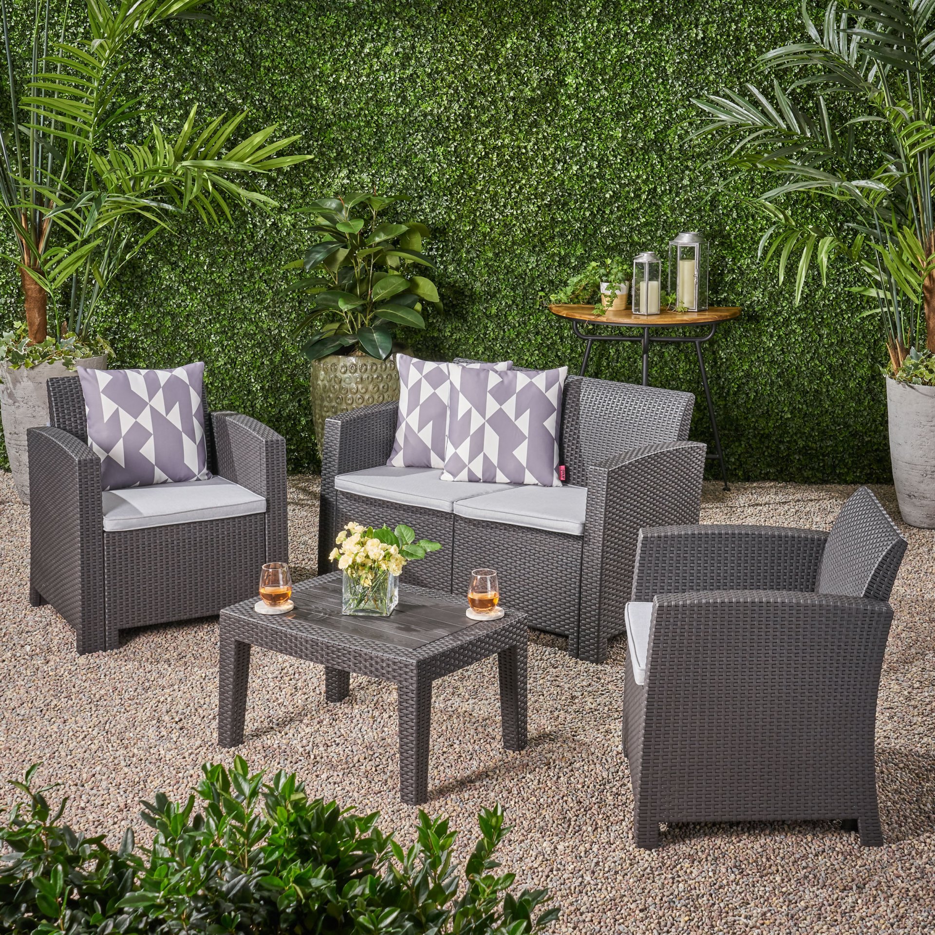 Zephyra - Outdoor 4 Piece Faux Wicker Rattan Chat Set With Water Resistant Cushions - Gray - Image 7