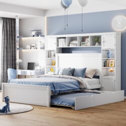 Full Size Bed With All In One Cabinet, Shelf And Sockets, Twin Size Trundle - White