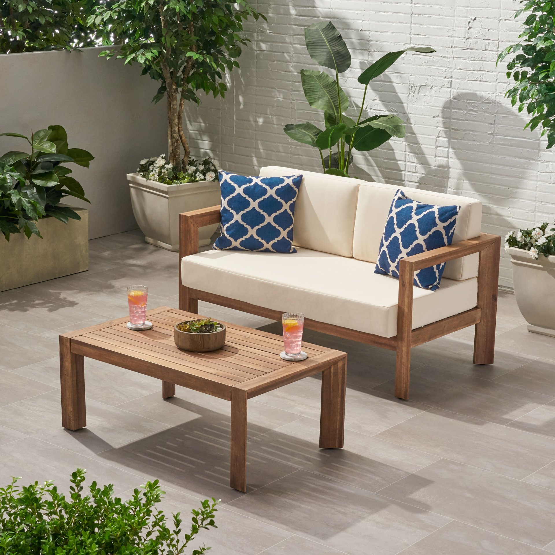 2 Piece Patio Set With Open-Back Loveseat And Coffee Table - Beige / Brown - Image 2