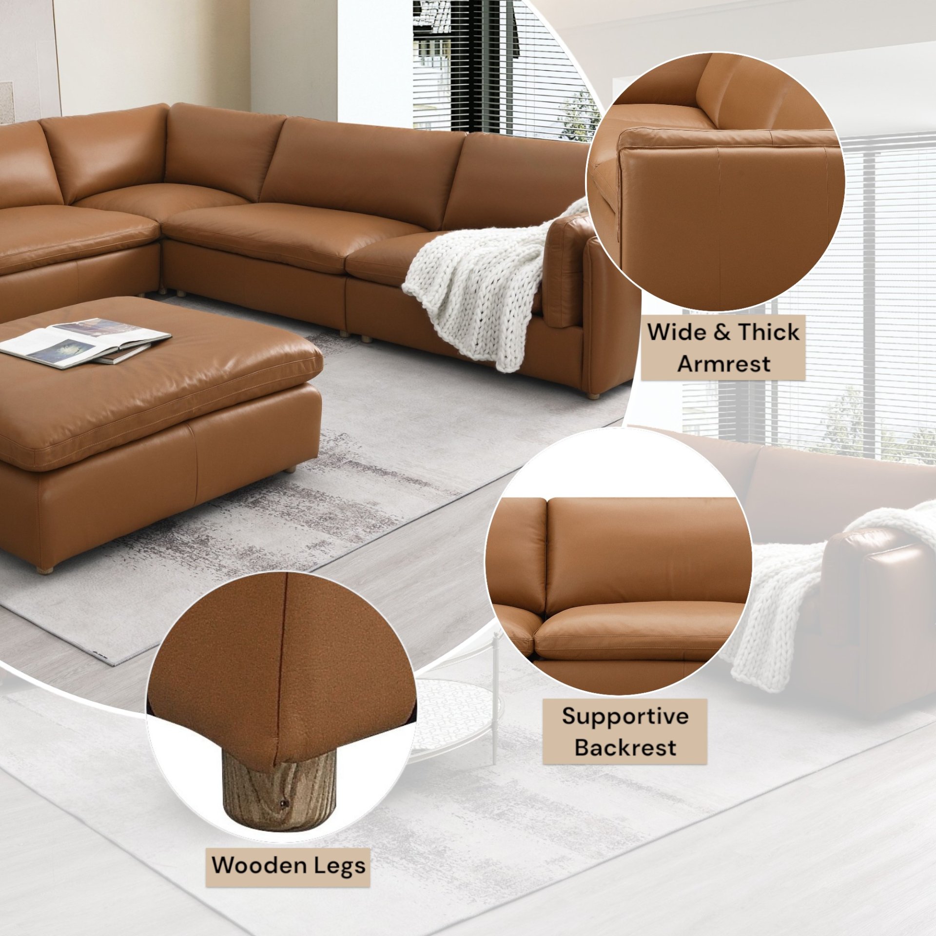Brighton - Top Grain Leather 5 Pieces Modular Sectional - Brown - Image 7