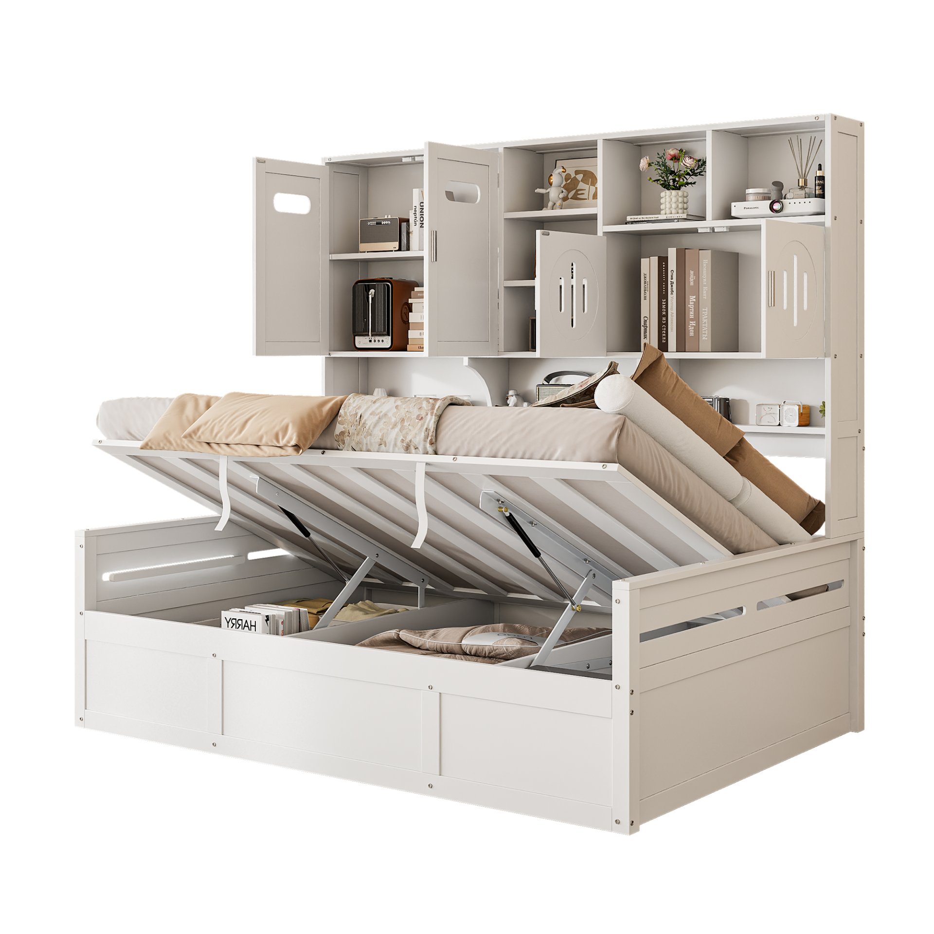 Full Size Wooden Daybed With Hydraulic Bed And All In One Cabinet And Shelf - White - Image 14