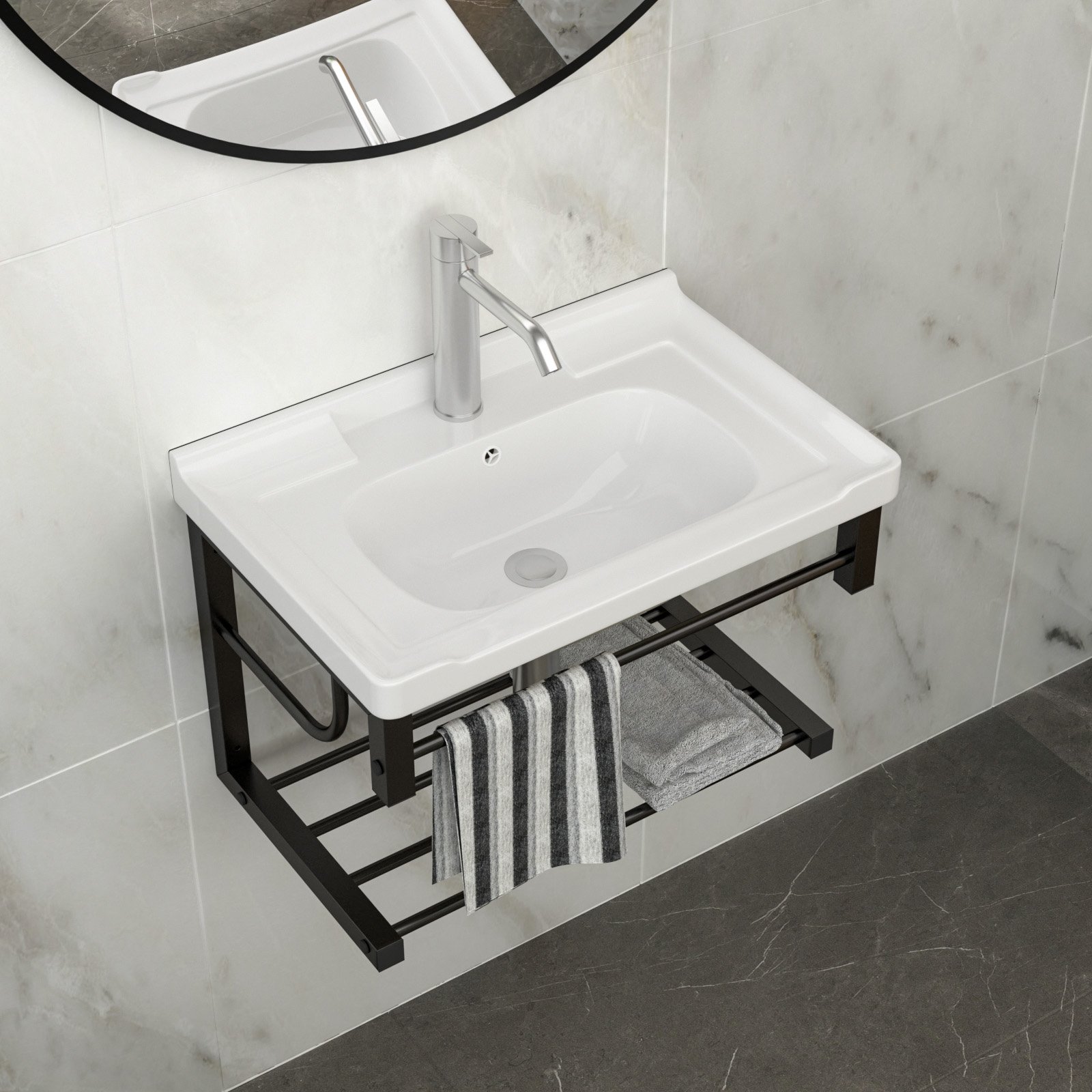Wall Mounted Rectangular Bathroom Sink With Towel Bar & Overflow - White - Image 5