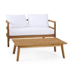 Outdoor Coffee Table Set With Loveseat And Cushion - Brown / White