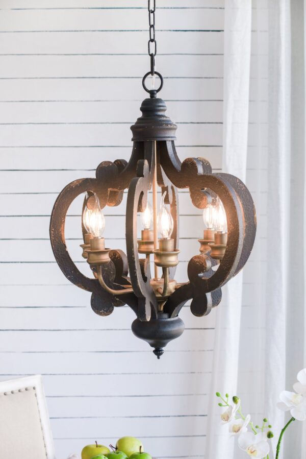 French Country Wood Chandelier, 6 Light Farmhouse Pendant Light Fixture With Adjustable Chain For Kitchen Foyer Hallway, Bulb Not Included - Black