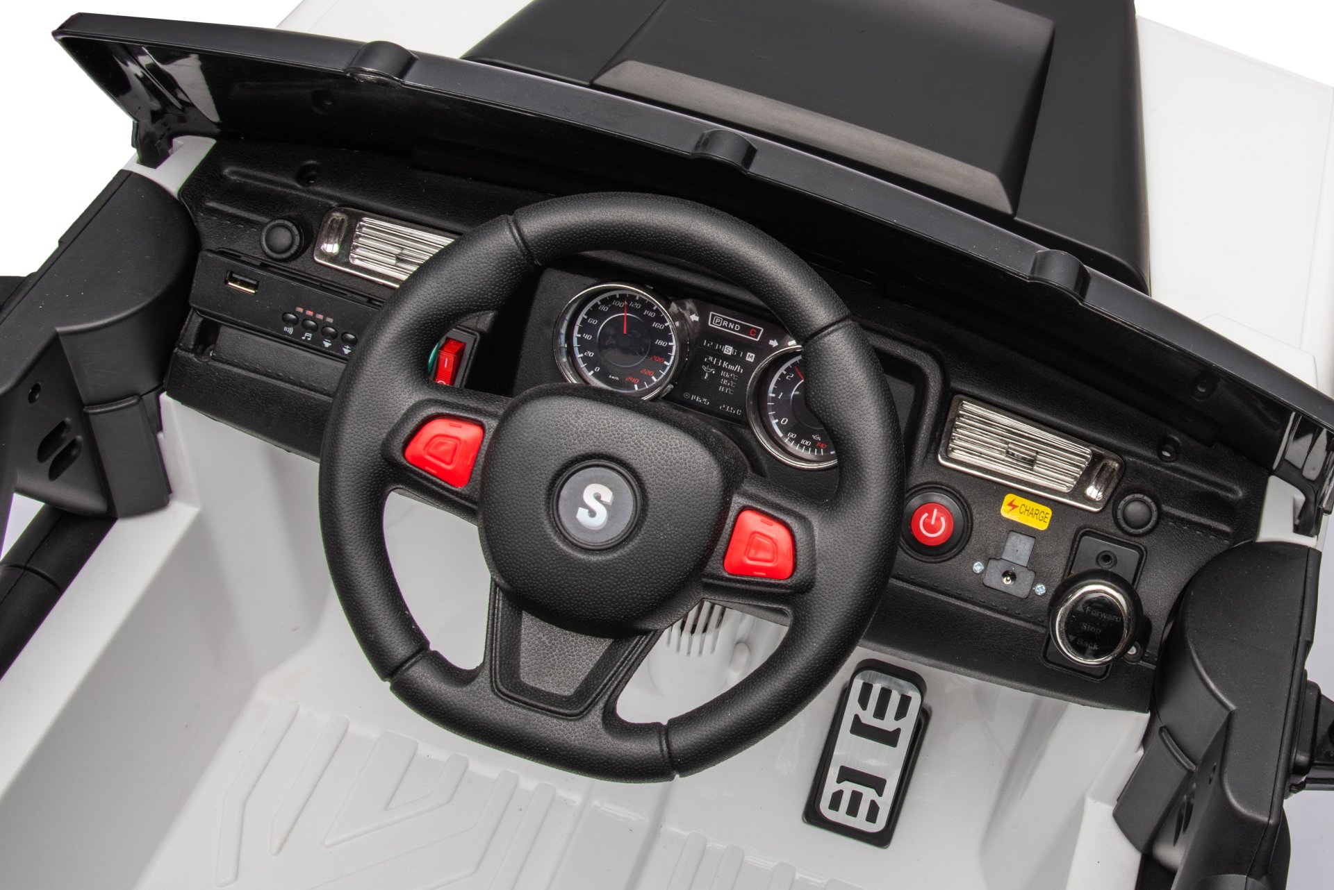 12V7A 30W*2 Four-Wheel Drive Leather Seat One Button Start, Forward And Backward, High And Low Speed, Music, Front Light, Power Display, Two Doors Can Open, 2.4G R / C, Seat Belt Four Wheel Absorber - White / Black - Image 14