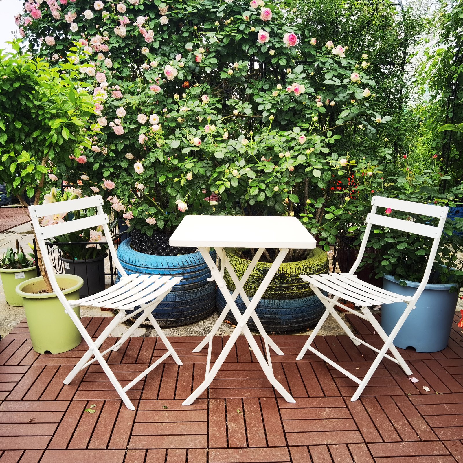 3 Piece Patio Bistro Set Of Foldable Square Table And Chairs - White - Image 4