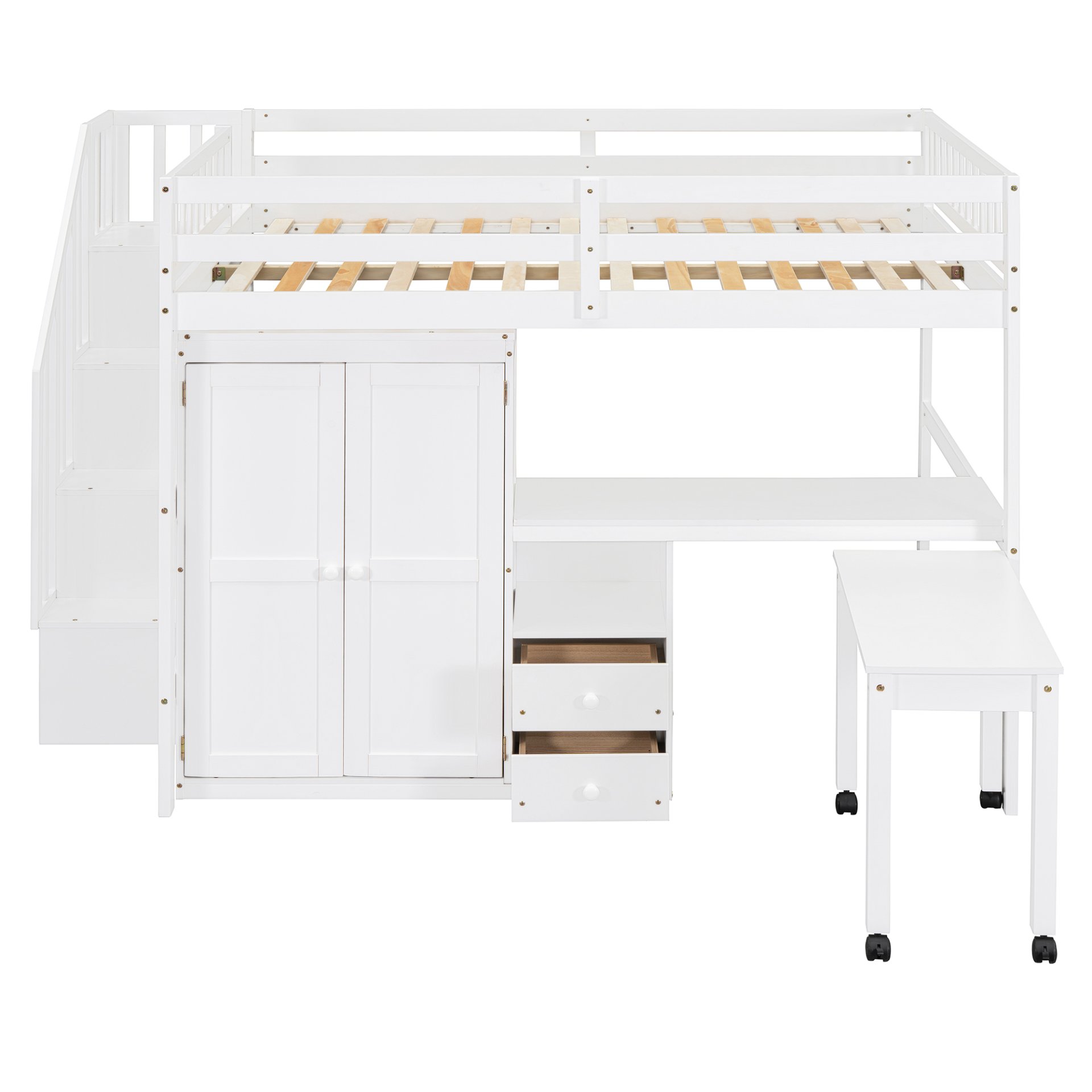 Full Size Loft Bed With Stairs, Bookshelf, Drawers, Desk & Wardrobe, Space Saving Multifunctional Furniture - White - Image 5