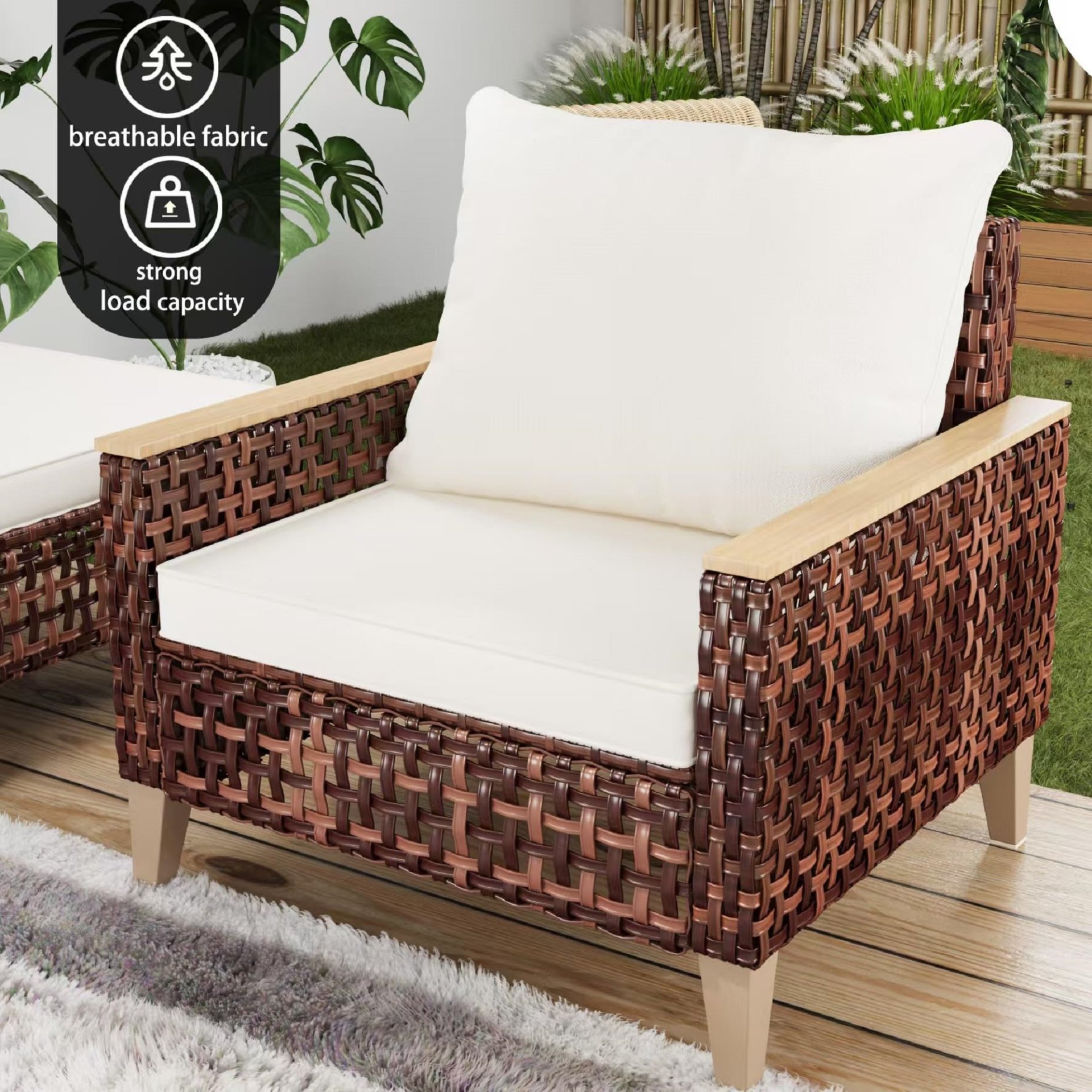 High Footed Rattan Terrace Furniture Set With Cushions, 5 Pieces, 7 Seats, Cotton And Rattan - White - Image 7