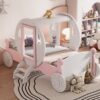 Twin Size Princess Carriage Bed With Crown, Platform Car Bed With Stair - White / Pink - Image 15