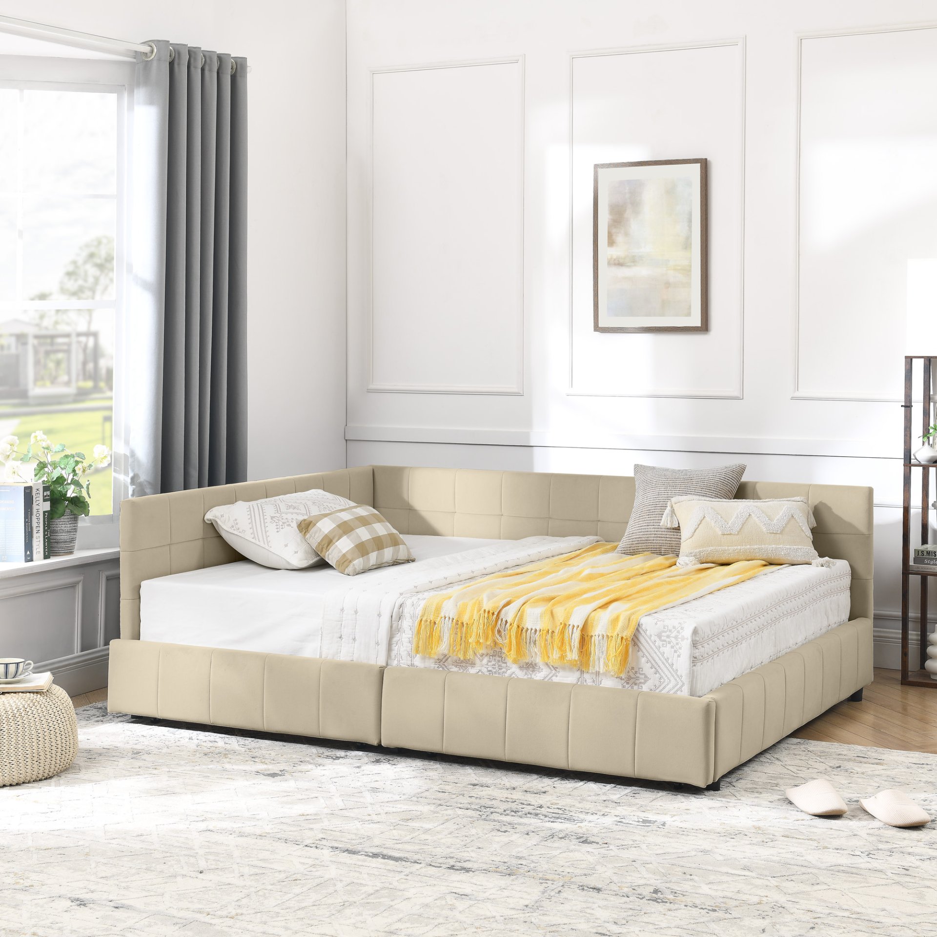 Mid Century Full Size Storage Upholstered Tufted Bed Frame With Backrest And Armrests Velvet - Beige - Image 7