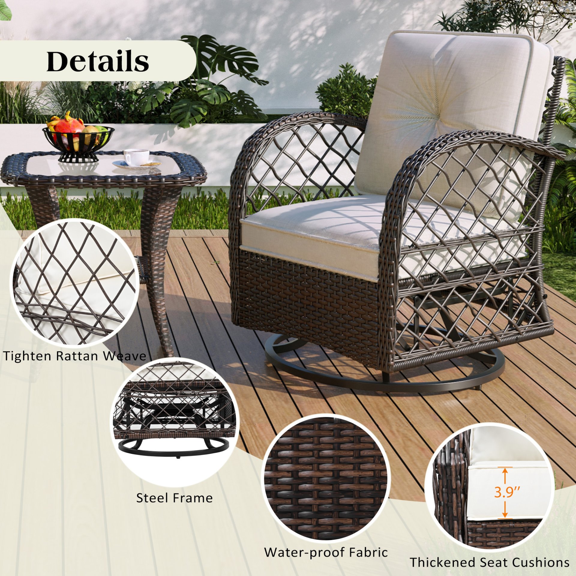 3 Piece Outdoor Chair & Table Set Chat Set 2 Person Rattan Seating Group With 2 Swiveling And Rocking Chairs And A Square Table For Garden, Patio, Or Balcony - Brown - Image 6