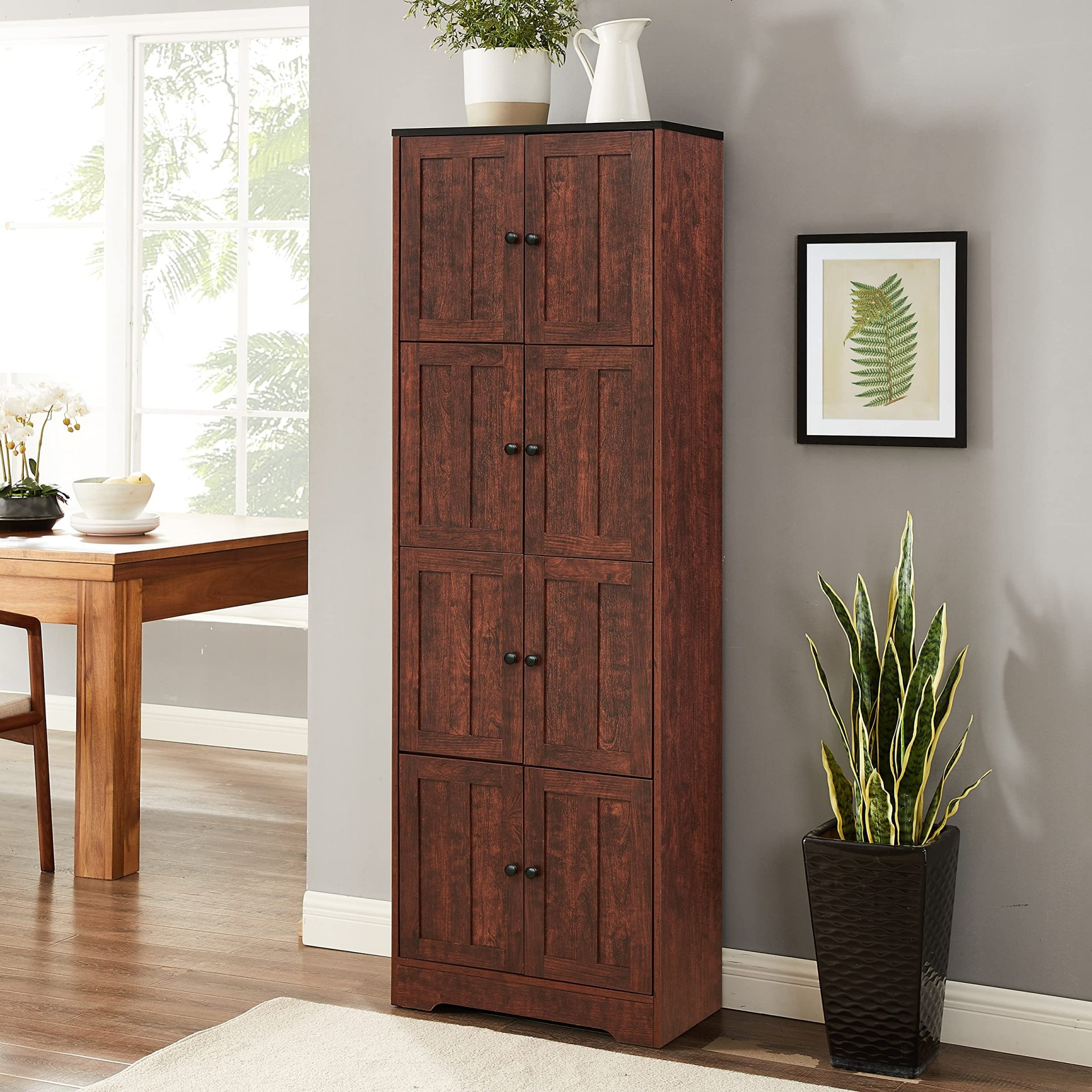 Tall Storage Cabinet With 8 Doors And 4 Shelves, Wall Storage Cabinet For Living Room, Kitchen, Office, Bedroom, Bathroom - Walnut - Image 2