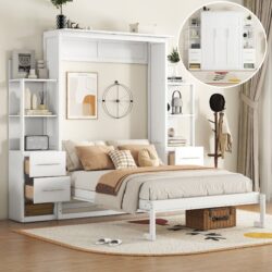 Full Size Murphy Wall Bed With Shelves, Drawers And LED Lights - White