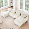 Elegant Four Seater Sofa With Movable Ottoman And Lumbar Pillow Frame Ergonomic Design - Beige - Image 17